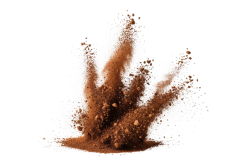 A dynamic explosion of rich, warm brown powder with varied particle sizes, captured mid-air against a transparent studio background. Concept of food ingredient vitality