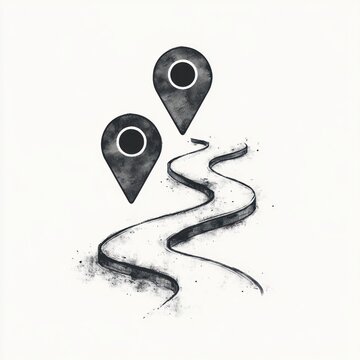 two location pins above a winding hand drawn road, charcoal sketch suggesting travel, exploration and uncertain journey