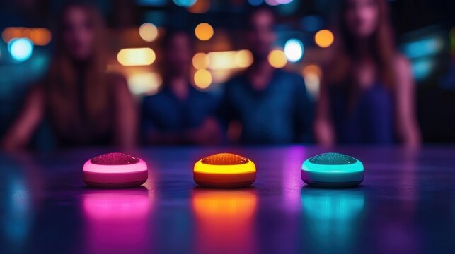 three glowing quiz buzzers on a reflective bar counter with colorful bokeh lights and an out-of-focus group in the background evoking playful anticipation