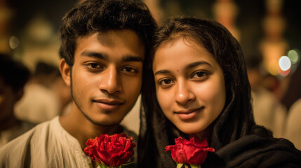 A young couple holding red roses together on Language Martyrs' Day in Bangladesh