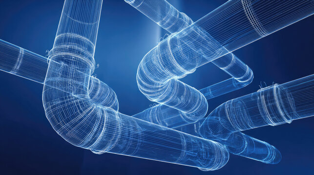 3D blueprint of HVAC network design concept. 3D blueprint of industrial pipes on a blue backdrop.