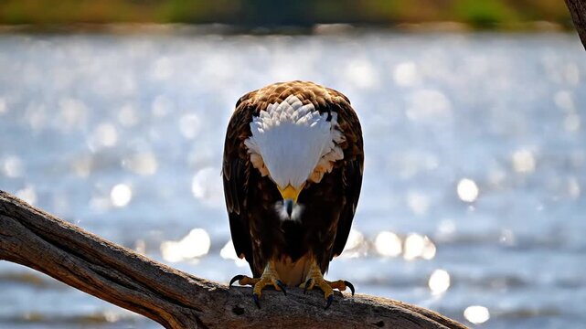 A majestic eagle perched on a branch, facing away from the camera with its head down, overlooking a shimmering body of water.