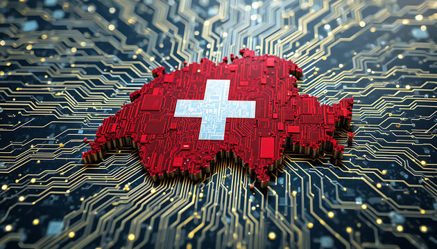 Digital Switzerland flag on circuit board shows nation tech network. Electronic infrastructure, cyber connectivity. Modern innovation, data transfer, futuristic design. Swiss progress highlighted