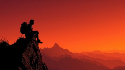 Epic Sunset Mountain View Solitary Hiker Silhouette with Backpack Resting on Cliff Edge, Overlooking Layered Peaks and Fiery Sky.