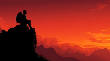 Solitary Hiker Silhouette on Mountain Cliff Edge Gazing at a Dramatic Red and Orange Sunset Over a Vast Layered Landscape.