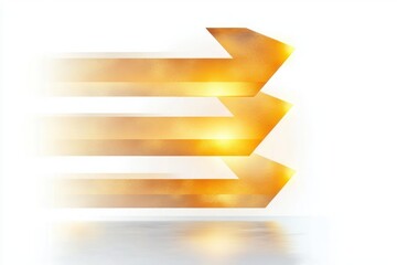 three glowing golden arrows pointing right with motion blur and mirrored reflection, stacked horizontally conveying dynamic energetic forward momentum and optimistic progress