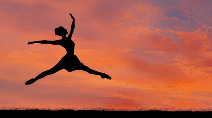 Silhouette of a ballet dancer leaping against a vibrant sunset sky.