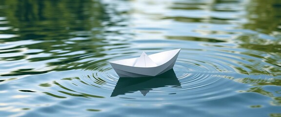 A small, pristine white paper boat floats on calm water,  photography,  peacefulness