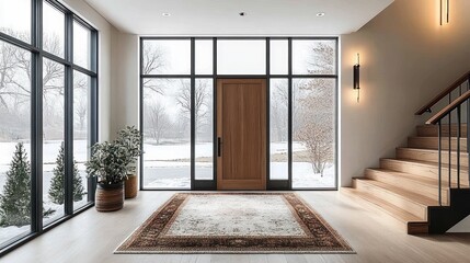 Modern bright foyer with floor-to-ceiling windows, wooden front door, patterned rug, potted plants and wooden staircase overlooking a snowy landscape, calm welcoming atmosphere
