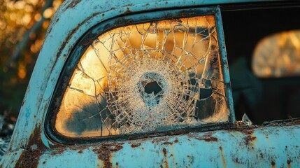 Shattered circular car side window on rusted pale blue vintage vehicle bathed in warm golden sunset light, evoking decay and quiet abandonment