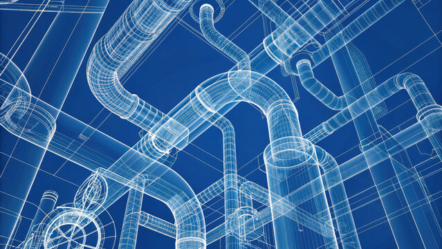 3D blueprint of HVAC network design concept. Detailed blueprint of piping system for industrial applications.
