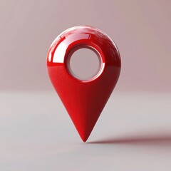 Glossy red 3D location pin with circular center hole standing upright on a soft pink-gray background, minimal modern composition conveying a calm focused mood