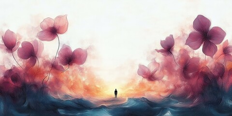 Solitary figure standing at a glowing horizon amid oversized pink and purple flowers and rolling blue waves, dreamy and contemplative mood