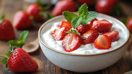 Creamy yogurt bowl topped with fresh sliced strawberries and mint on a rustic wooden table, inviting and refreshing breakfast scene