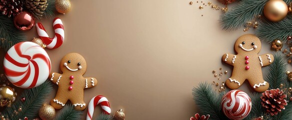 Two smiling gingerbread cookies surrounded by peppermint swirl candies, candy canes, pine branches, pine cones, red and gold baubles and gold confetti on a warm festive background, cozy joyful mood