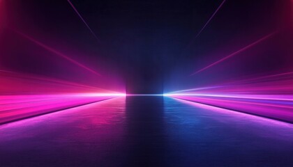 futuristic neon corridor with symmetrical pink and blue light beams, reflective floor and distant glowing vanishing point creating a mysterious immersive atmosphere