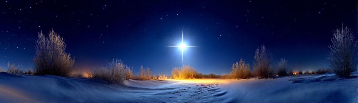 Ultra wide Christmas night background bright guiding star snowy ground dark blue sky minimal composition spiritual holiday atmosphere