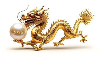 Fototapeta premium A golden, ornate dragon is rendered in 3D, holding a pearl with 