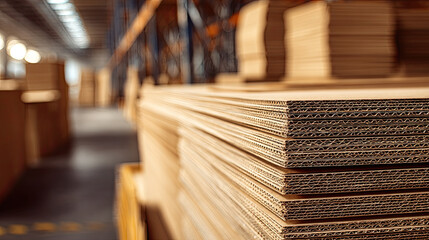 Stacked corrugated cardboard sheets concept. Stacks of cardboard sheets in a warehouse environment.