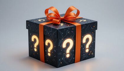 Dark gift box tied with orange ribbon features glowing question marks on sides. Abstract patterns adorn surface, suggesting mystery prize or unknown content. Use for promotions, surprises, or gaming.
