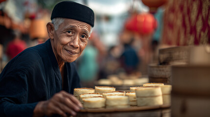 Elderly man selling traditional Apem cakes at Sarkem Fest cultural event in Indonesia
