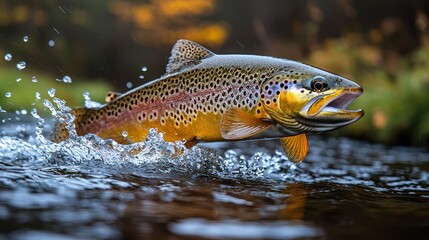 A brown trout leaps from water, water droplets around it, showcasing vibrant colors