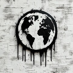 stenciled black globe painted on a white textured brick wall with dripping paint and splatters, continents in silhouette, stark urgent protest mood