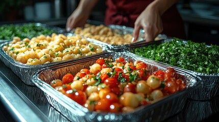 Prepared trays of cooked food, with hands placing one, in a professional kitchen environment