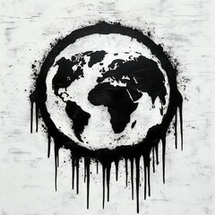 black painted globe stencil with dripping paint and splattered edges on a white textured wall, continents in silhouette conveying a bleak urgent environmental mood