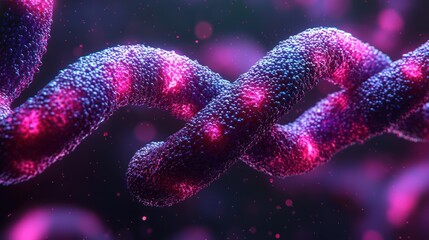 A vibrant close-up of a purple and pink double helix structure. Abstract rendering