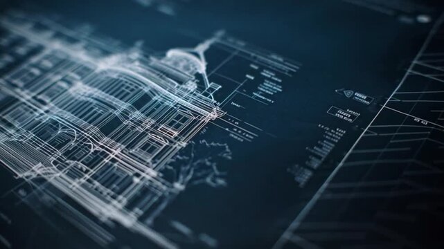 Close-up of a technical drawing or blueprint with white lines and grid patterns on a dark background, showcasing, 3d rendering blueprint architecture