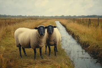 Two curious sheep standing together beside a narrow water channel in a foggy marshy grassland with fence posts under an overcast sky, calm pastoral scene