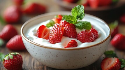 Fresh creamy yogurt in a speckled ceramic bowl topped with ripe red strawberries and mint leaves on a rustic wooden table, evoking a bright inviting summer breakfast