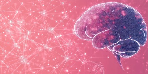 glowing pink and purple human brain with swirling texture facing a web of luminous interconnected nodes and a faint outlined hand, evoking futuristic curiosity and wonder