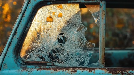 rusty teal car with a shattered side window and spiderweb cracks glowing in warm golden light, weathered paint and decay evoking abandonment and melancholy