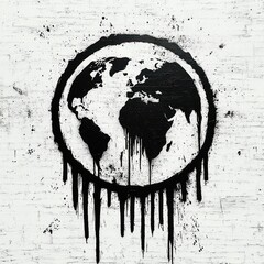 black spray painted world globe stencil with heavy paint drips on white brick wall, gritty urban mural conveying decay and urgent environmental distress