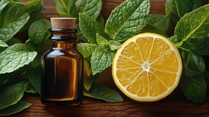 Amber glass bottle with cork beside halved lemon and fresh mint leaves on wooden surface, evoking a refreshing natural aroma
