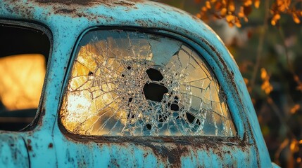 rusty turquoise vintage car with shattered small window and spiderweb cracks, warm golden sunset light filtering through and autumn foliage in background, melancholic abandoned mood