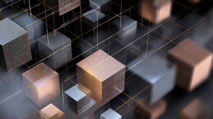 Futuristic Textured Cubes Interconnected by Glowing Golden Lines Abstract Digital Network & Technology Concept.