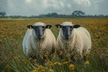 Two attentive black-faced sheep standing close in a wildflower meadow under an overcast sky, calm and curious pastoral portrait