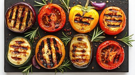 Appetizing rustic platter of grilled zucchini, eggplant, tomato and yellow and red bell peppers with charred grill marks, rosemary sprigs, red onion and cracked pepper