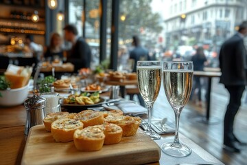 two glasses of sparkling wine and a wooden board of mini savory tarts on a busy bistro table by a window, warm cozy and celebratory atmosphere