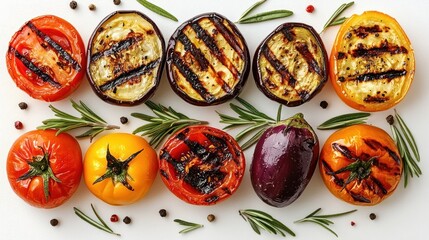 appetizing grilled tomato halves, charred round eggplant slices and a small whole purple eggplant arranged with rosemary sprigs and scattered peppercorns on a white background