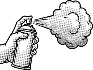 Fototapeta premium Hand Holding Spray Can Releasing Mist in Retro Halftone Comic Book Style Black and White Vector Illustration