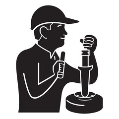   Skilled worker in a cap operating equipment with tools for maintenance or repair