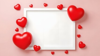 Valentines day frame with red hearts on pink background for love and romance