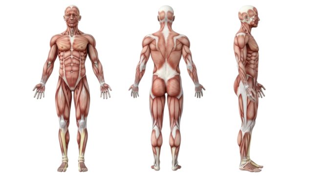 Hyper-detailed 3D rendering of male human muscular system, three full-body views (anterior, posterior, lateral) showing intricate muscles, tendons, ligaments on white background, concept of medical - Powered by Adobe