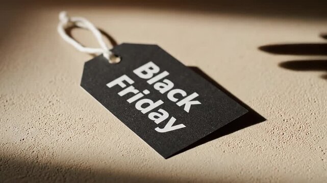 Black Friday tag on a textured surface with dramatic shadows, symbolizing holiday shopping and sales