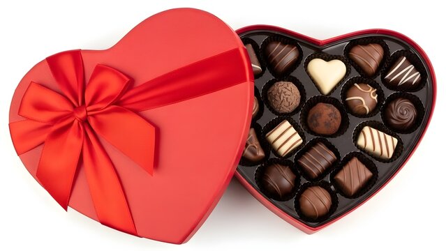 Open heart shaped box of assorted chocolates on white background for valentines day gift