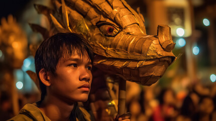 A young boy participates in the vibrant Siem Reap Giant Puppet Parade in Cambodia, carrying a dragon puppet at night